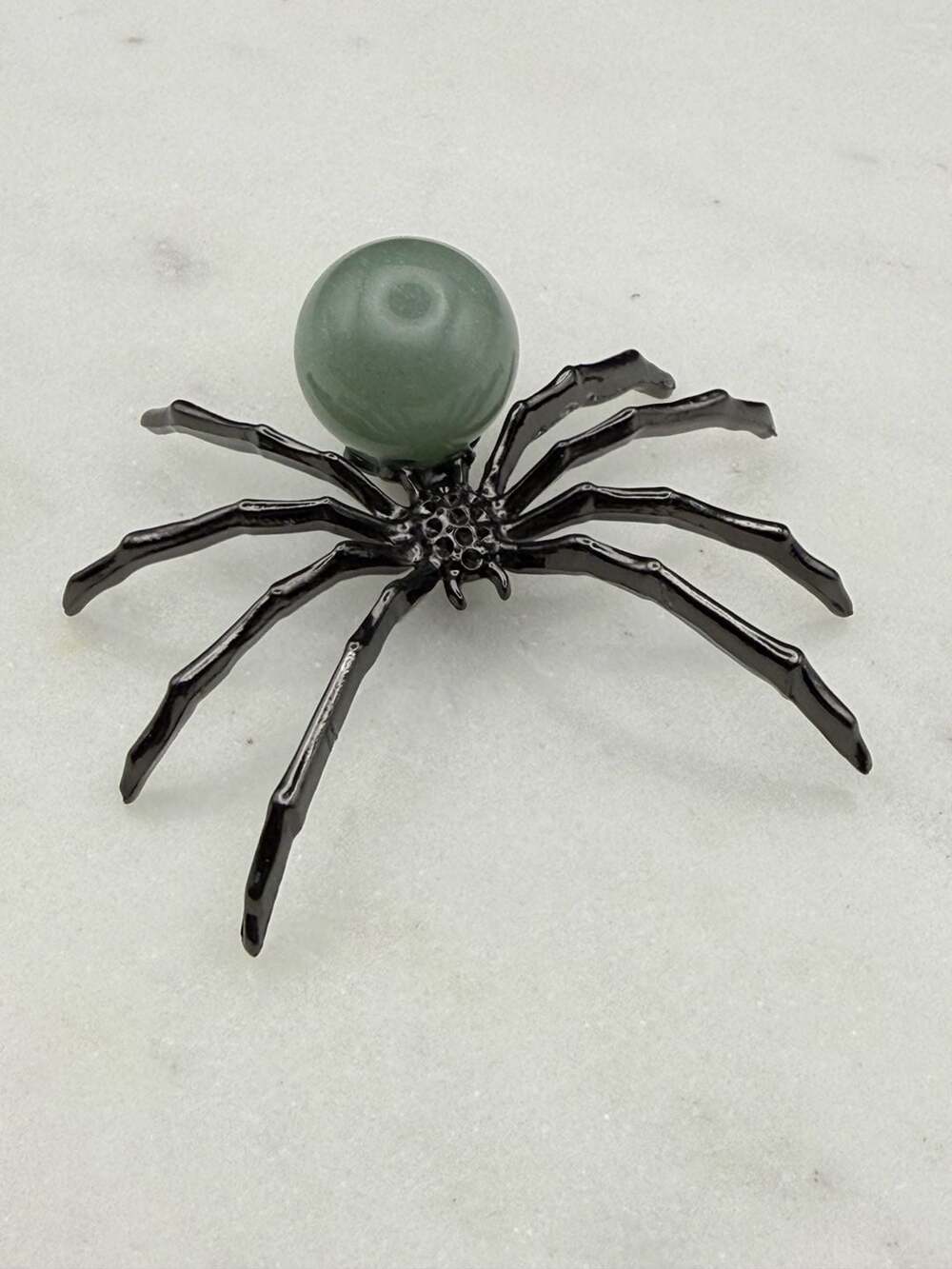 Green Aventurine Crystal Sphere Gun Metal Gray Small Spider Figurine - Picture 1 of 4